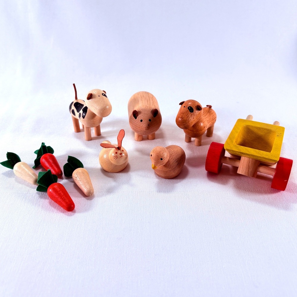 TickiT Wooden Farm Animal Set of 5 Set of 4 Carrots & PlanToys Wheelbarrow